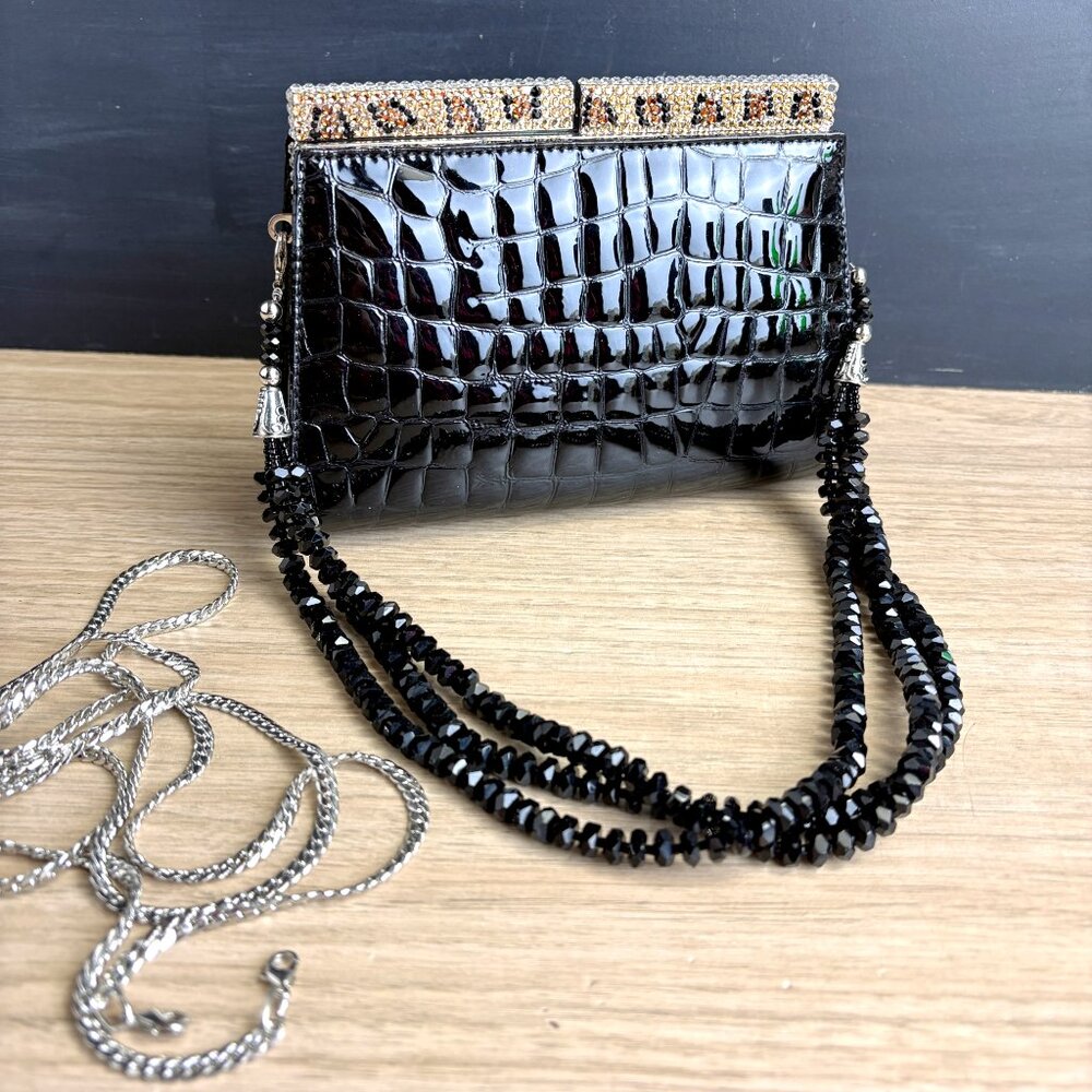 Isabella Adams Casey evening bag - black patent leather with crystal accents